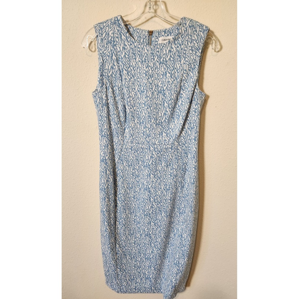 Calvin Klein Blue White Sleeveless Sheath Dress Womens Career Stretch Golf Zip 4